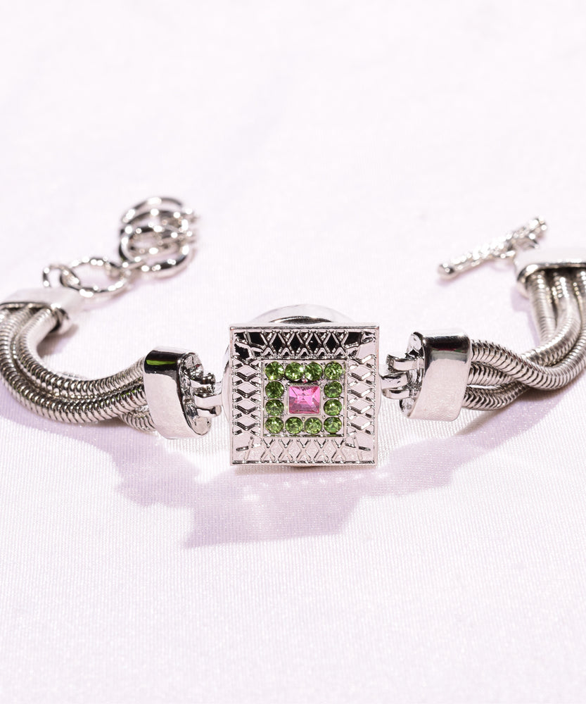Single Charm snap  bracelet / square button pink and green rhinestone