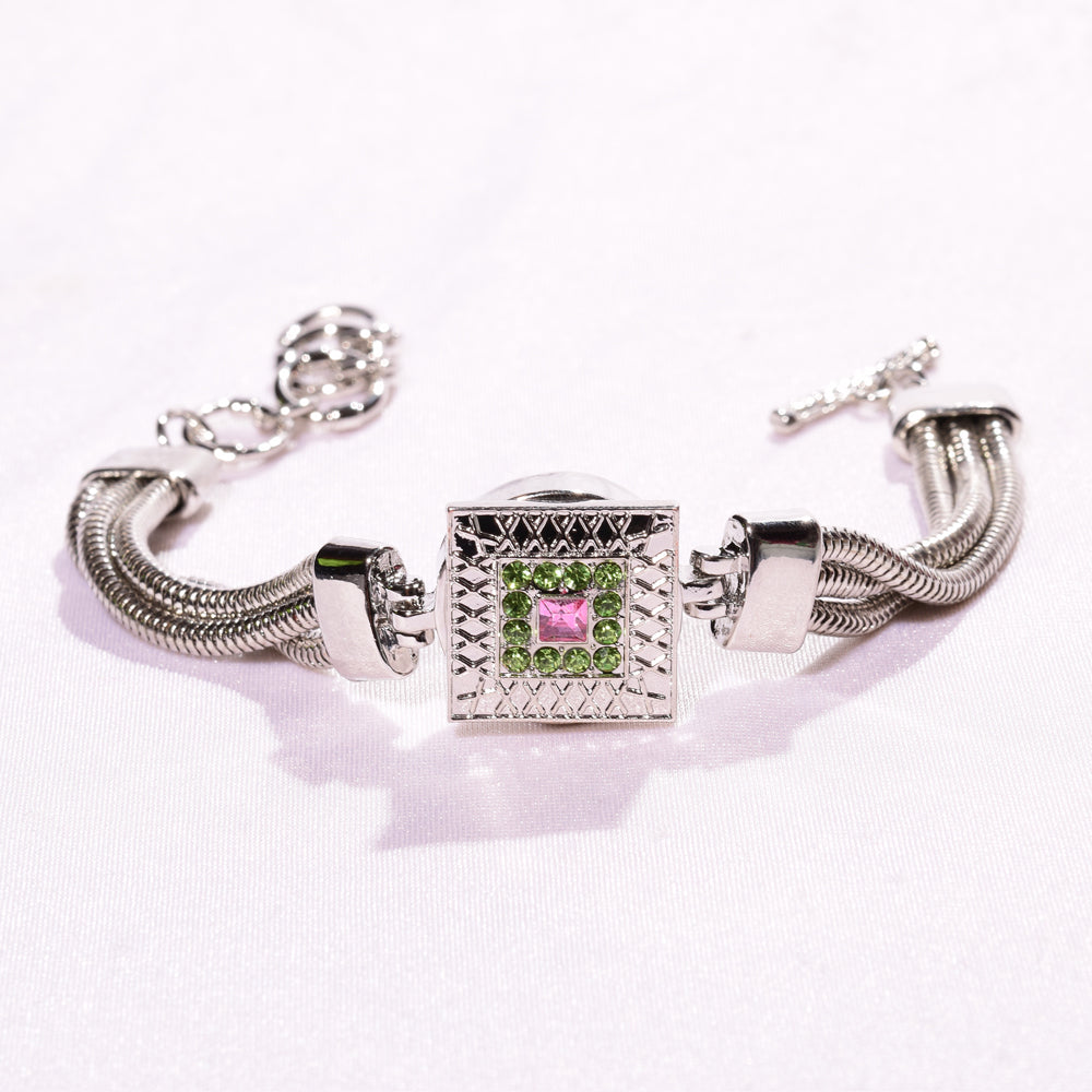 Single Charm snap  bracelet / square button pink and green rhinestone