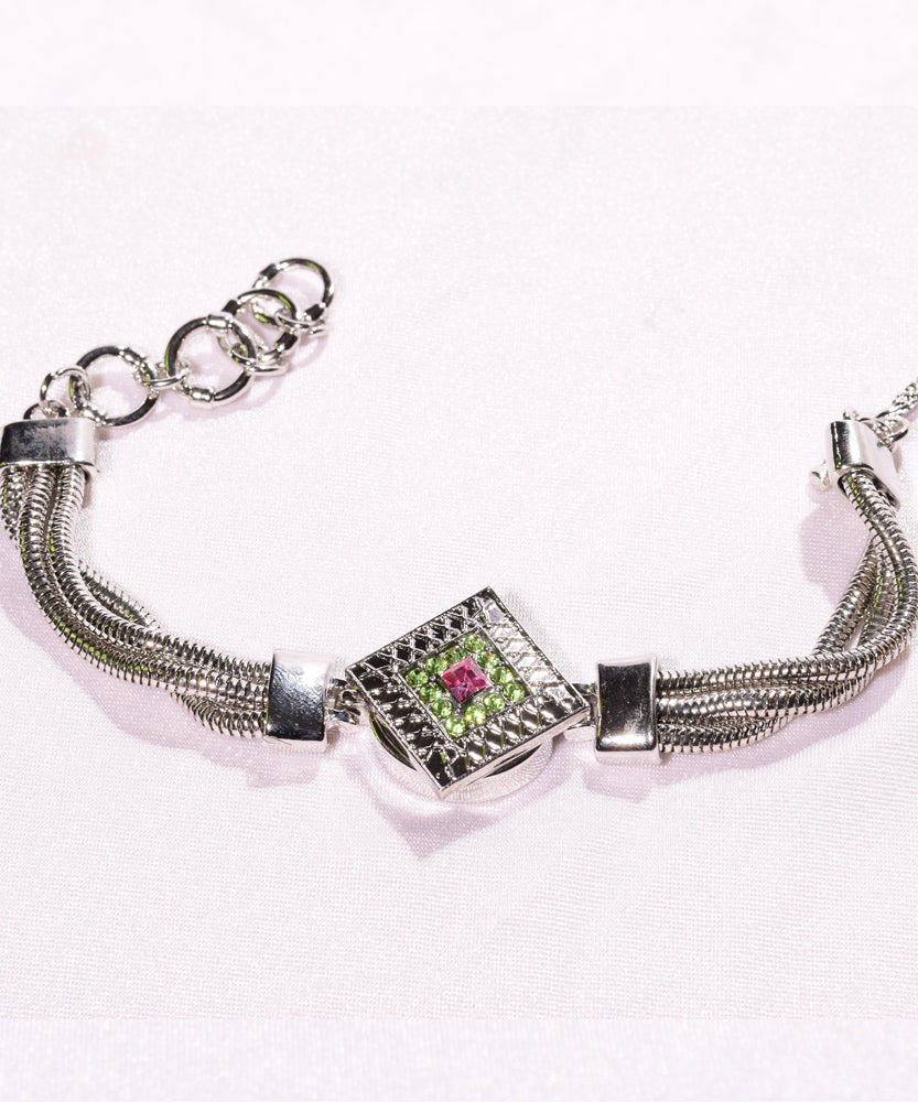 Single Charm snap  bracelet / square button pink and green rhinestone