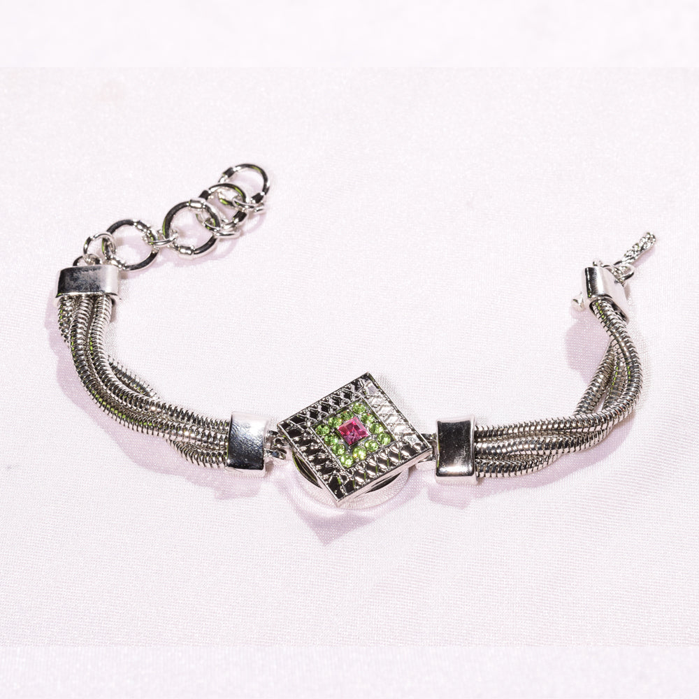 Single Charm snap  bracelet / square button pink and green rhinestone