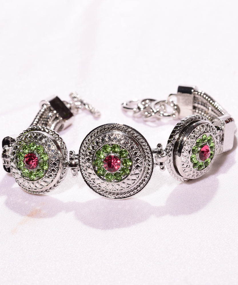 Silver Triple Snap Bracelet with pink and green snap button