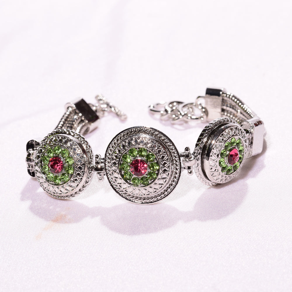 Silver Triple Snap Bracelet with pink and green snap button