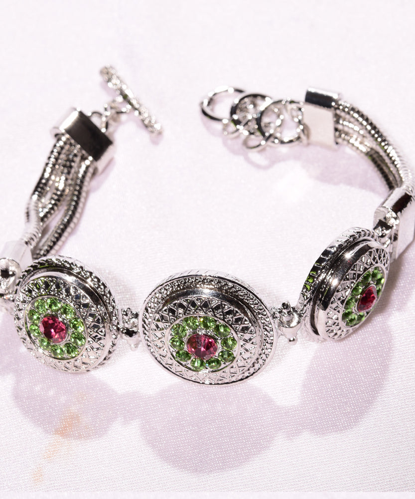 Silver Triple Snap Bracelet with pink and green snap button