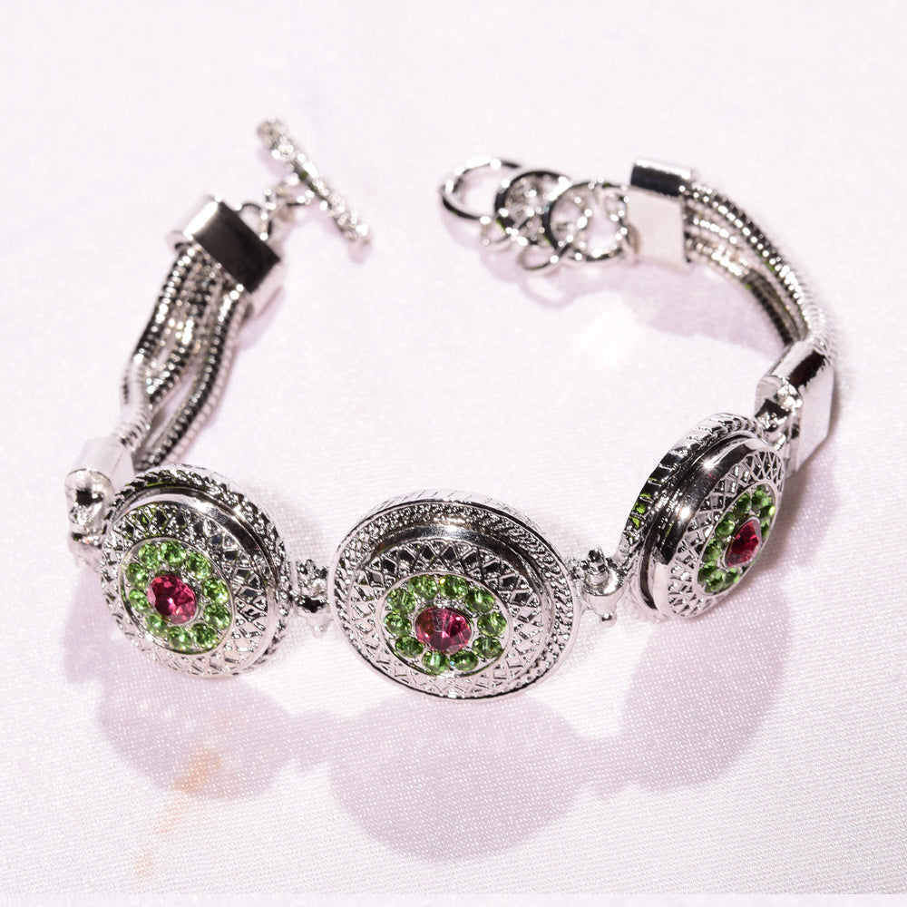 Silver Triple Snap Bracelet with pink and green snap button