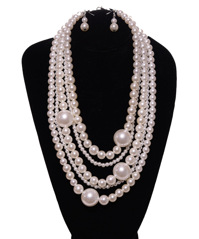 Pearl neck 5 stand set with earring