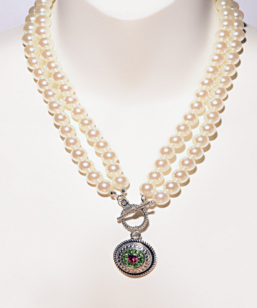 Double Pearl  strand snap necklace with snap charm